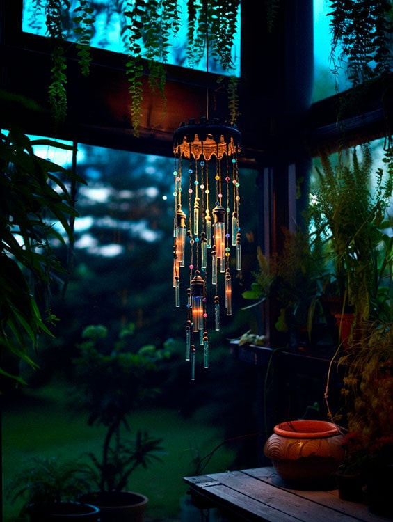 Backyard decorated with light chimes