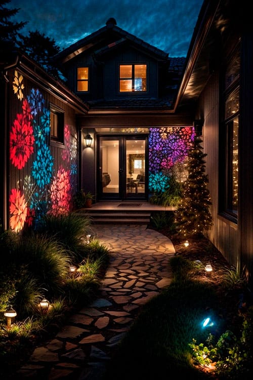 Backyard decorated with colorful light projectors