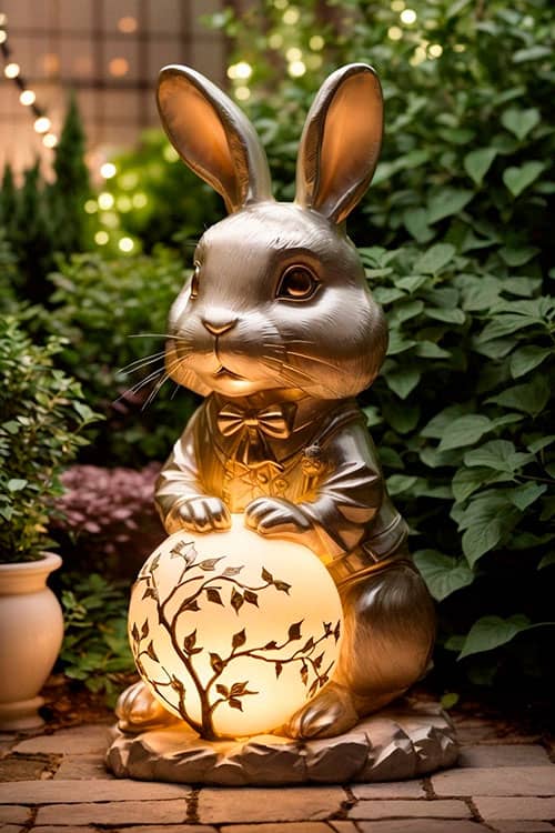 Illuminated rabbit statue in the backyard