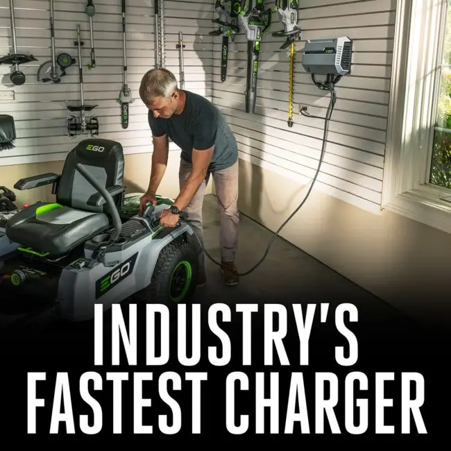 EGO Power Plus lawnmower demo by a man on how fast the battery charges