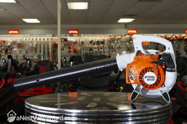A leaf blower on display in a hardware store