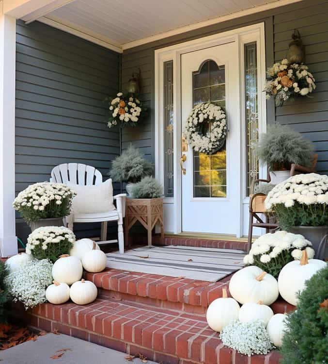 Front door decorated with white pumpkins
