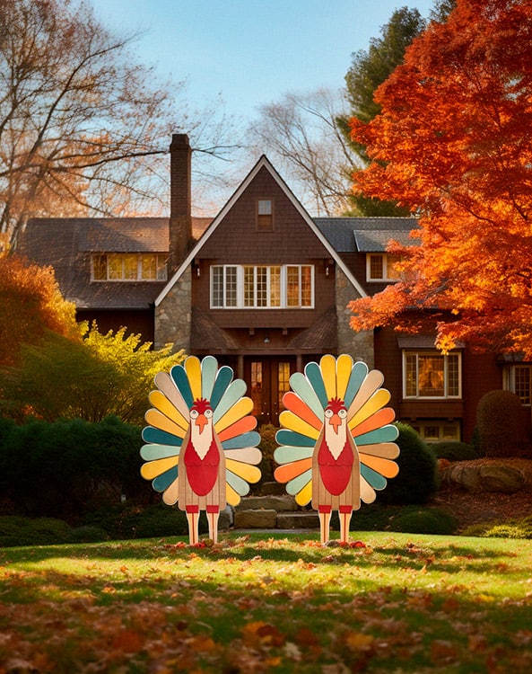 Front yard decorated with turkey statues