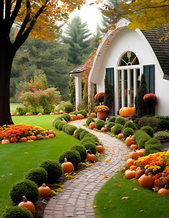Front yard walkway decorated with pumpkins