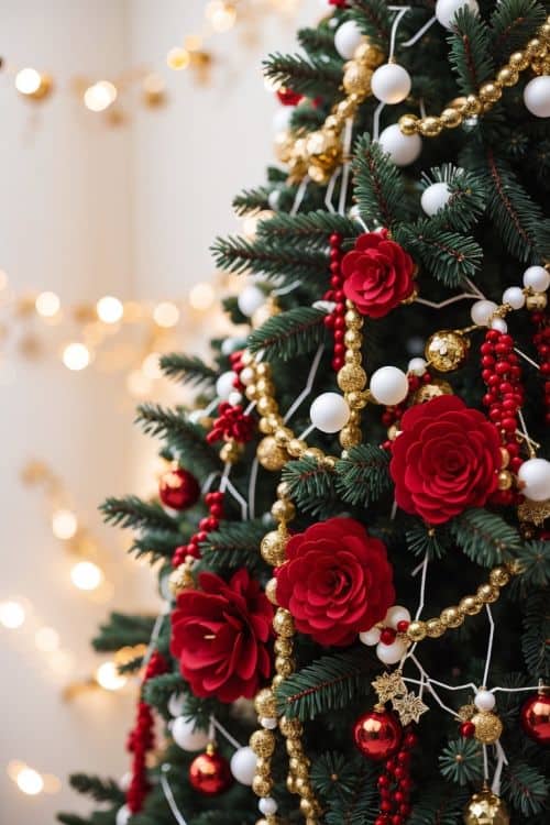 Red and gold Christmas tree decorated with roses and small ornaments