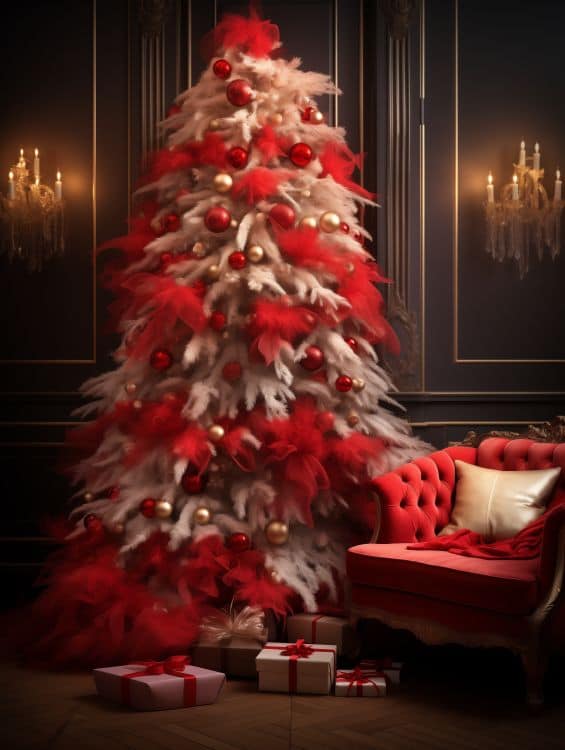 Christmas tree made with red and gold feathers