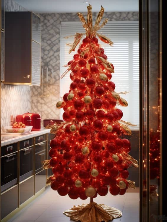 Christmas tree made with red and gold glitter balls