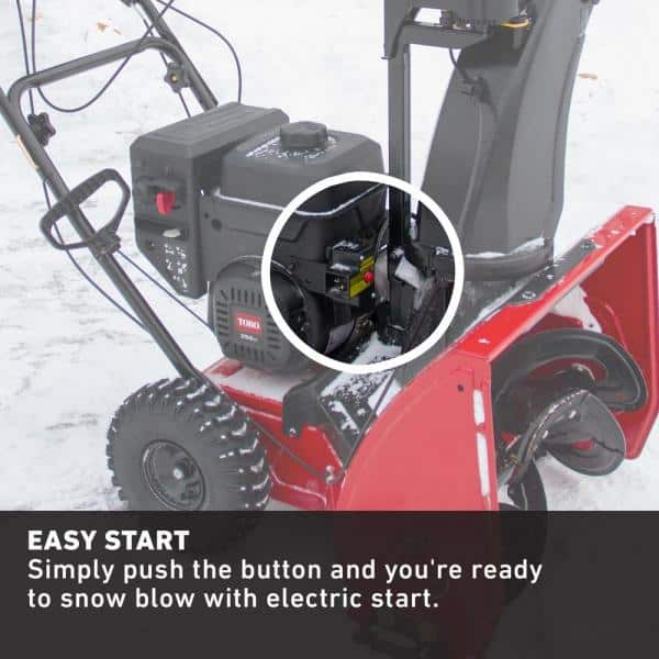 A gas powered snow blower with its easy start up button highlighted