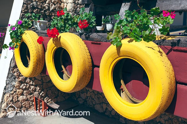 Upcycled tires used as porch decor